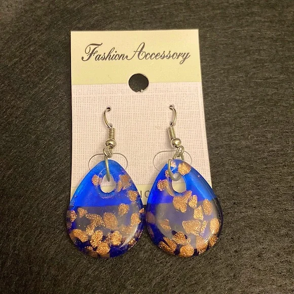 Cobalt Blue Glass Tear Drop Earrings with Gold Speckled Spots. - Picture 1 of 2
